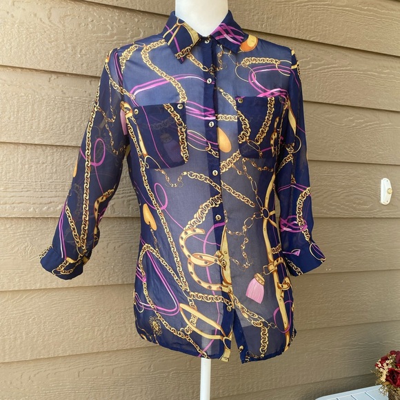 XXI chain print blouse shirt semi-sheer women’s size S - Picture 4 of 11